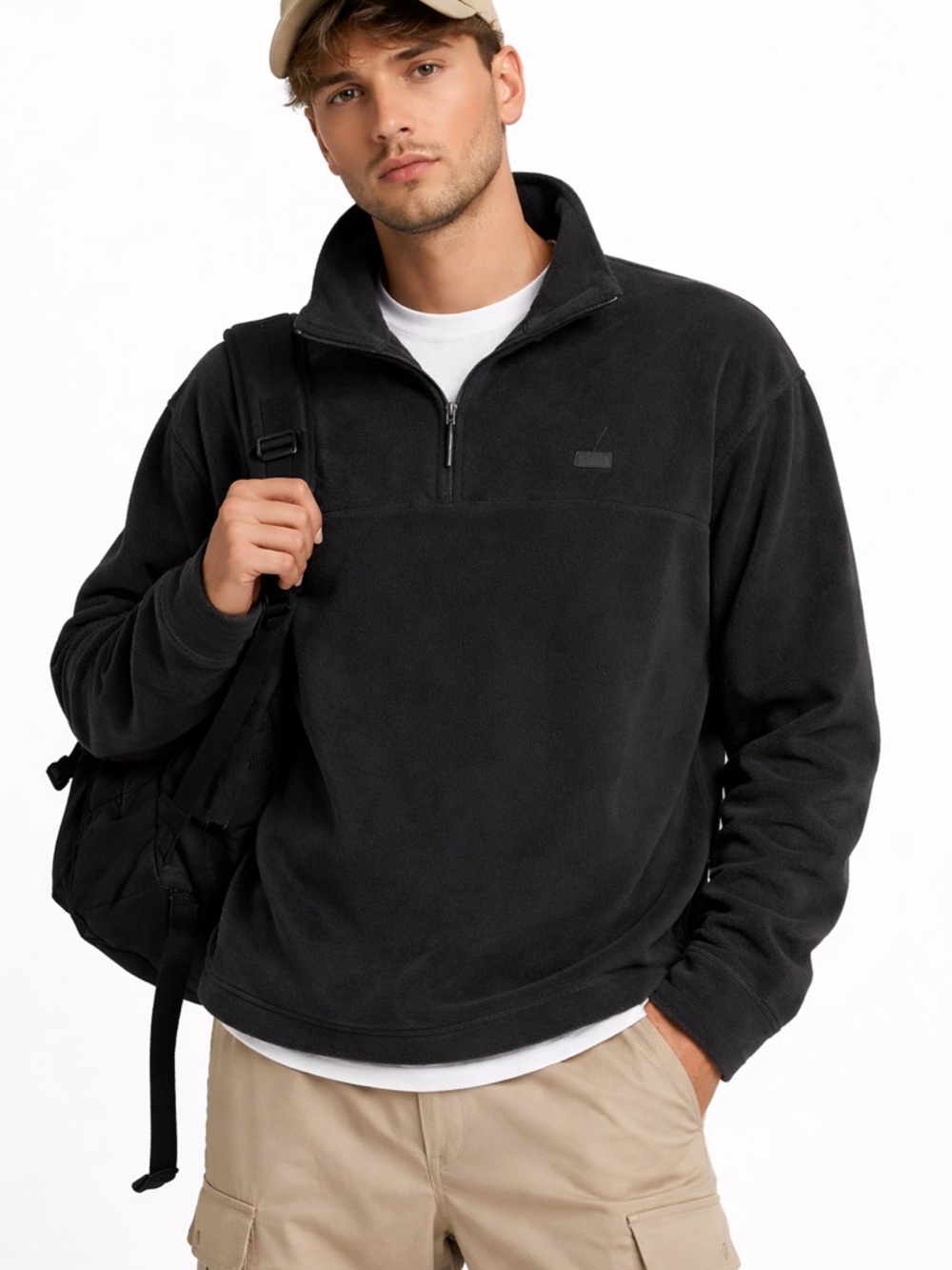 Rains Mens Black Quarter Zip Fleece Pullover Relaxed‎ Fit XL Solid Logo Patch